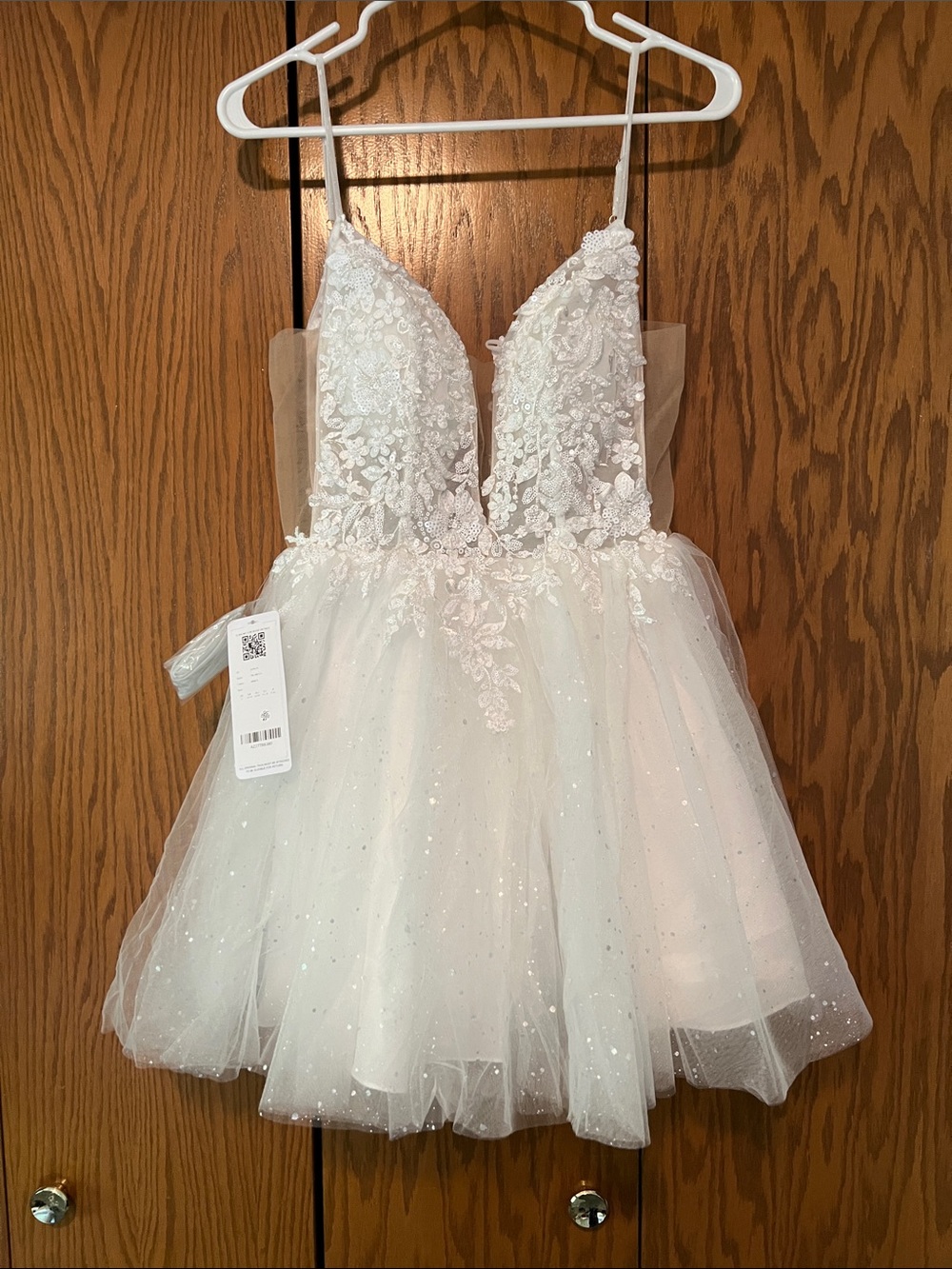 Azazie White Sparkling Tulle Short A-Line Dress with Lace Bodice